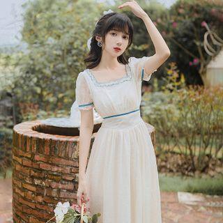 Short-sleeve Frill Trim Midi A-line Chiffon Dress