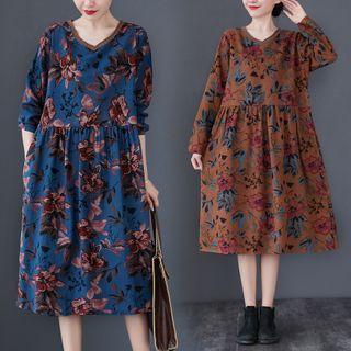 Long-sleeve Floral Print V-neck Midi A-line Dress