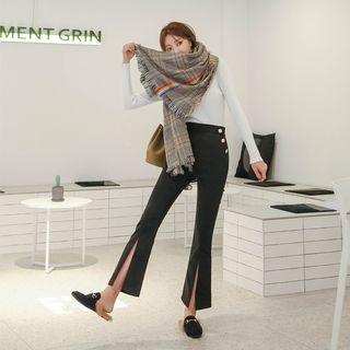 Button-accent Slit Boot-cut Pants