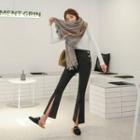 Button-accent Slit Boot-cut Pants