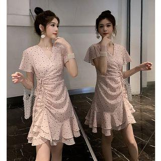 Short-sleeve Patterned Drawstring Ruffled A-line Mini Dress