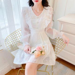 Long-sleeve V-neck Ruffled Lace A-line Dress