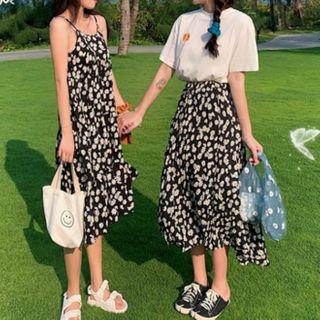 Embroidered Short-sleeve T-shirt / Floral Midi A-line Skirt / Floral Midi Sundress