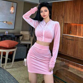 Set: Velvet Zip Jacket + Mini Fitted Skirt