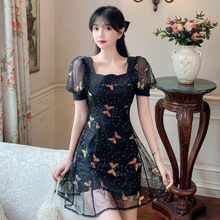 Short-sleeve Butterfly Print Mesh A-line Dress