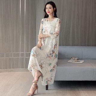 3/4-sleeve Print Midi Silk Dress