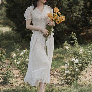 Short-sleeve Back Ribbon Midi A-line Lace Dress