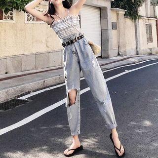 Set: Printed Camisole Top + Distressed Straight-fit Jeans With Belt
