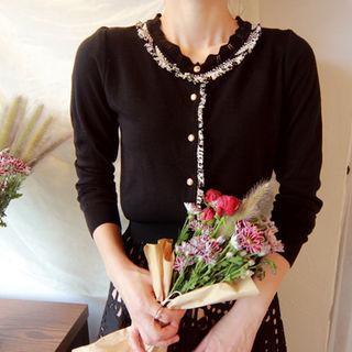 Scallop-neckline Fringe-trim Cardigan