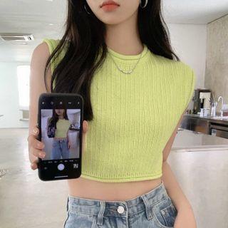 Mock-turtleneck Plain Knit Cropped Tank Top
