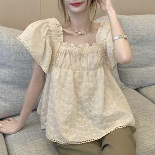 Flutter-sleeve Square Neck Eyelet Blouse Almond - One Size