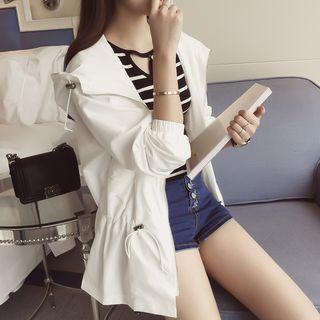 Drawstring-waist Hooded Zip Jacket White - One Size