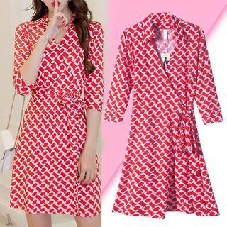 Elbow-sleeve Patterned A-line Mini Dress