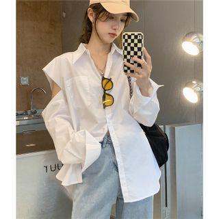 Long-sleeve Cutout Plain Loose-fit Shirt
