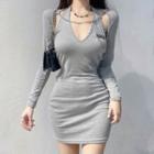 Set: Long-sleeve Chain Strap Shrug + Halter Mini Sheath Tank Dress