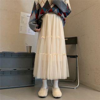 High-waist Mesh Layered A-line Midi Skirt