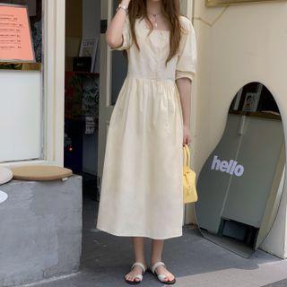 Elbow-sleeve Square-neck Midi A-line Dress White - One Size