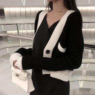 Cropped Color Block Cardigan As Shown In Figure - One Size