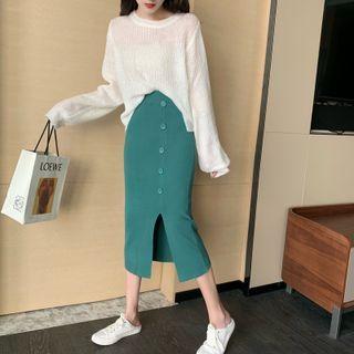 High Waist Knit Slit Midi Pencil Skirt