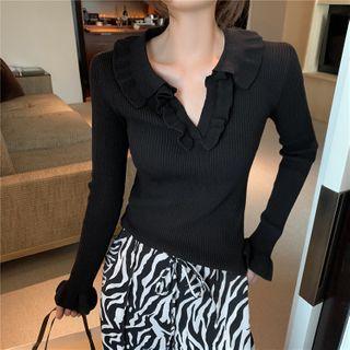 Bell-sleeve Collared Plain Knit Top