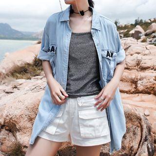 Letter Embroidered Elbow-sleeve Denim Shirt Light Blue - One Size
