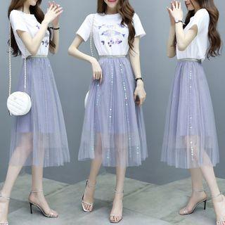 Set: Fish Embroidered Short-sleeve T-shirt + Sequined Midi A-line Skirt