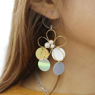 Faux-pearl Flower Disc Dangle Earrings Gold - One Size