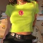 Short-sleeve Embroidered Crop Knit Top Green - One Size