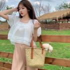 Puff-sleeve Square-neck Blouse / Straight Leg Pants