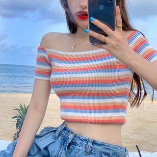 Off-shoulder Striped Ribbed Cropped Knit Top As Shown In Figure - One Size
