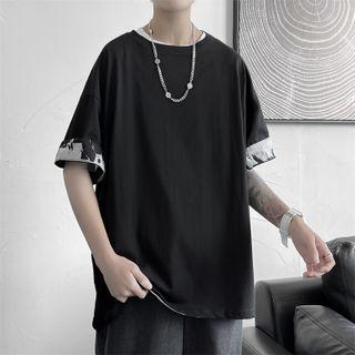 Elbow-sleeve Plain T-shirt / Distressed Denim Shorts / Set