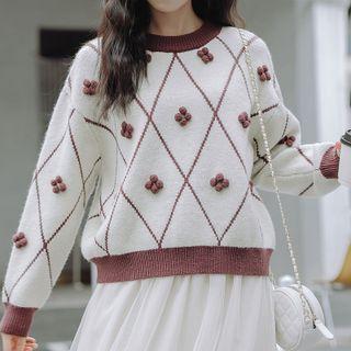 Argyle Pom Pom Sweater Argyle - Brown & Almond - One Size