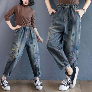 High Waist Embroidered Baggy Jeans