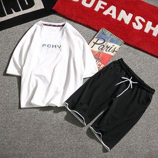 Set: Short-sleeve Print T-shirt + Drawstring Waist Shorts