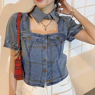 Denim Square-neck Puff-sleeve Dress