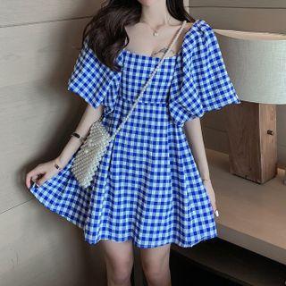 Puff Sleeve Square Neck Check Dress