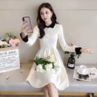 Long-sleeve Contrast Collared Knit Dress