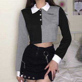 Long-sleeve Two Tone Cropped Polo Shirt