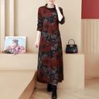 Flower Print Turtleneck Long-sleeve A-line Maxi Dress