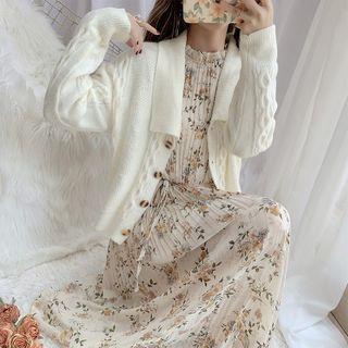 Floral Print Long-sleeve Midi A-line Dress / Collared Cardigan / Set
