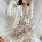 Floral Print Long-sleeve Midi A-line Dress / Collared Cardigan / Set