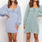 Long Sleeve Floral Print V-neck Mini Dress