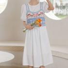 Short-sleeve Plain Midi Dress / Embroidered Camisole Top