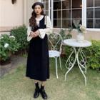 Mock Two-piece Long-sleeve Knit Midi Dress Black & Off-white - One Size