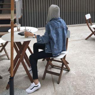 Hooded Fringe-hem Boxy Denim Jacket Dark Blue - One Size