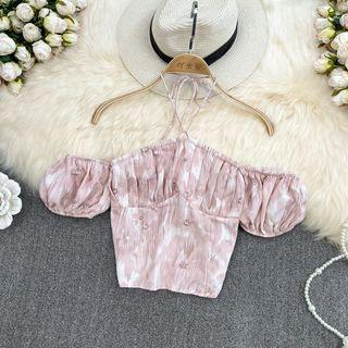 Off Shoulder Printed Halter Crop Top