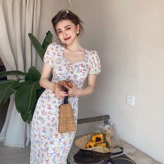 Floral Print V-neck Puff Sleeve Mermaid Dress
