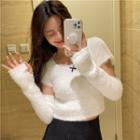 Set : Short-sleeve Bow Cropped Knit Top + Sleeve Guards White - One Size