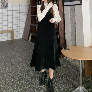 Set : Lace Shirt + Corduroy Spaghetti-strap Dress