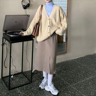 Long-sleeve T-shirt / Cardigan / Midi Fitted Skirt